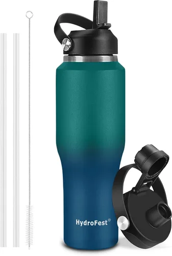 Miniatura 13 de Botella de agua de 32 onzas aislada con popote, botellas de agua a prueba de fugas, botella de agua para hombre, acero inoxidable para gimnasio