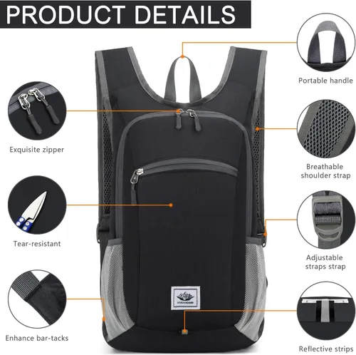 Miniatura 4 de Esup Mochila de senderismo ligera de 15L Mochila de viaje pequeña plegable Mochila de camping plegable para mujeres y hombres (negro)