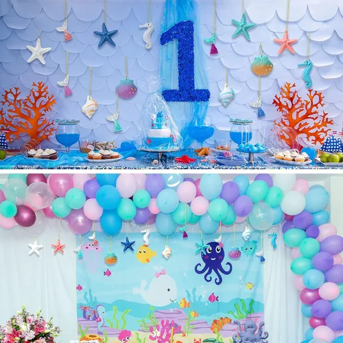 Miniatura 5 de Yerliker Juego de 36 adornos de verano para árbol costero de playa, estrella de mar, concha, sirena, temática del océano, decoración colgante