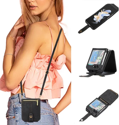 UEEBAI Funda tipo cartera cruzada para Samsung Galaxy Z Flip 5 5G, ranuras para tarjetas, cubierta cruzada ajustable con cremallera, correa de Negro