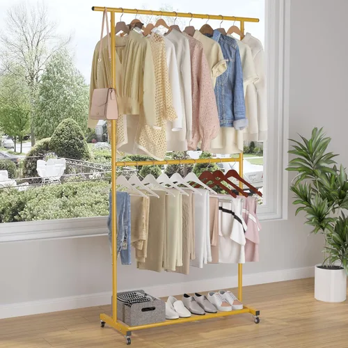 Miniatura 3 de Sywhitta Estante de ropa de doble barra, organizador de ropa con ruedas para colgar ropa, fácil de montar, ajustable, dorado