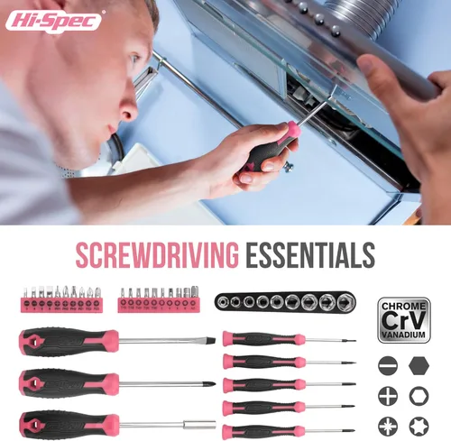 Miniatura 3 de Hi-Spec Juego de herramientas de reparación de bricolaje rosa para el hogar, 54 piezas, para mujeres, mujeres, principiantes, herramientas manuales