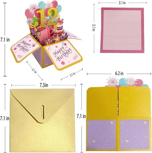 Miniatura 2 de Asmallgf Dulce Tarjeta de Cumpleaños Desplegable del 12º Cumpleaños para Niña y Niño, Gran Regalo de Cumpleaños de 12 Años para Hija, Sobrina