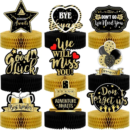 9 piezas de decoraciones de fiesta de despedida, decoraciones de fiesta de despedida We Will Miss You, centros de mesa de nido de abeja negro y