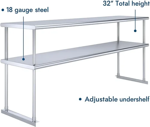 Miniatura 8 de Estante doble de acero inoxidable resistente con certificación NSF de calibre 18 con soportes para cocinas, cuartos de servicio, almacenamiento