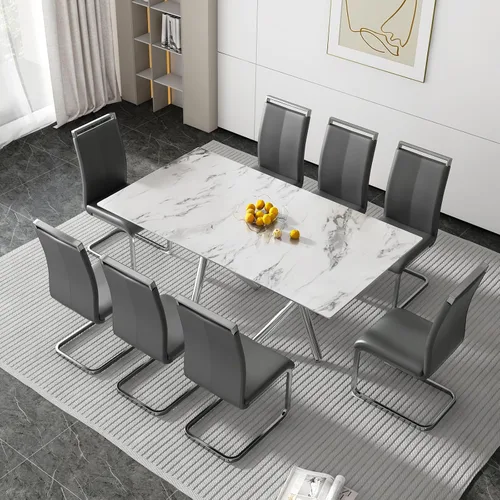 Miniatura 31 de Juego de 8 mesas de comedor de cristal, moderno juego de mesa de comedor de 71 pulgadas con 8 sillas de comedor tapizadas de piel sintética