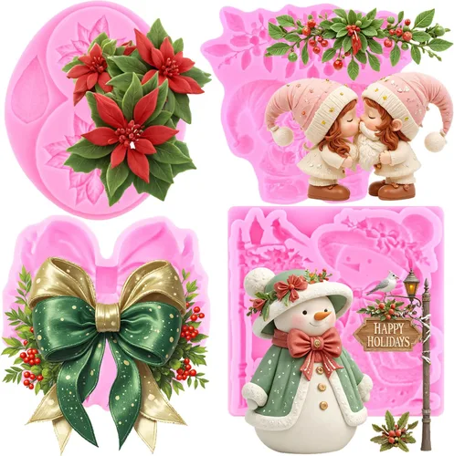 Miniatura 11 de ZiXiang Moldes de fondant de Navidad, copo de nieve, muñeco de nieve, piña, reno, bombilla, hojas de acebo, caramelo, chocolate, moldes de silicona
