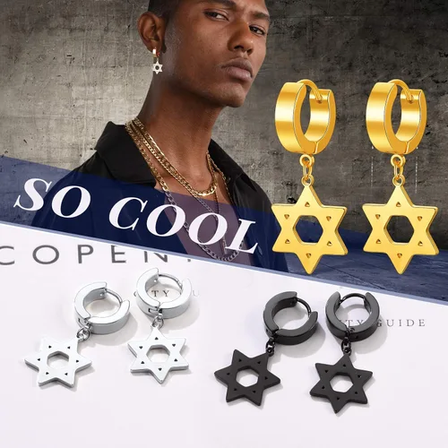 Miniatura 2 de Star of David Earrings for Men Women, Punk Jewelry, BlackGold Plated Stainless Steel, Hypoallergenic for Sensitive Ears, Come Gift Box