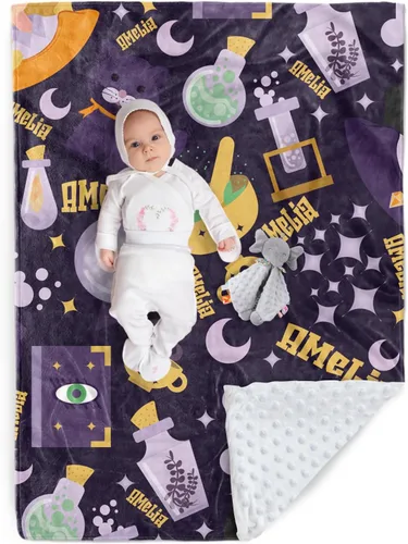 Miniatura 10 de Manta de Halloween personalizada, diseños de dibujos animados con nombre personalizable, manta de franela de felpa suave con respaldo punteado