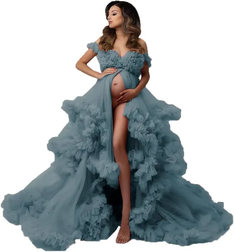 NNagrace Vestido de maternidad de tul para sesión de fotos con volantes hinchados, vestido largo de lencería nupcial, vestido de baby shower