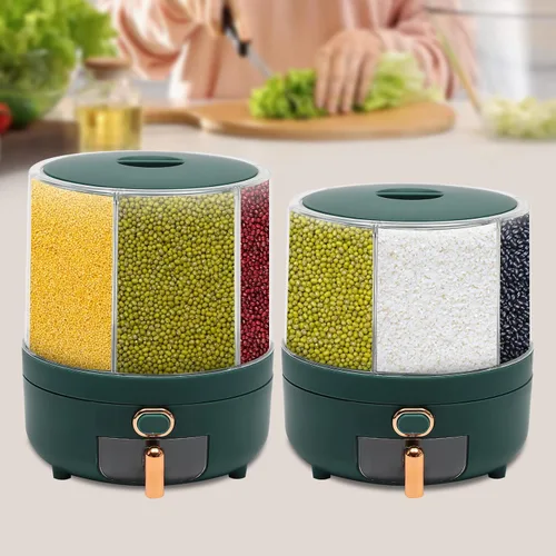 Dispensador de arroz de 6 rejillas de 14 libras, dispensador de alimentos secos giratorio de 360°, dispensador de cereales de cocina, recipiente de