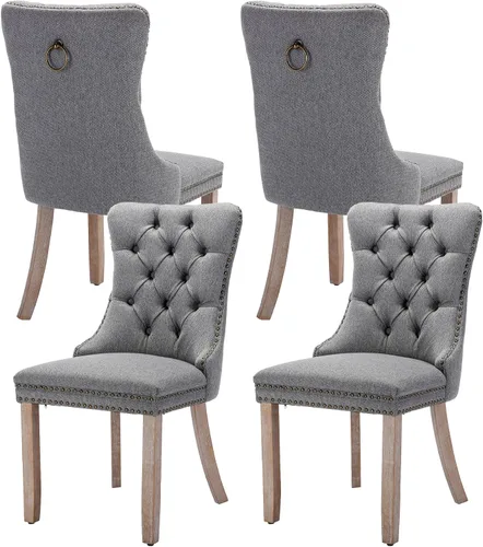 Miniatura 60 de Juego de 4 sillas de comedor de terciopelo, sillas de comedor tapizadas con ribete de cabeza de clavo, patas de madera, anillo de tracción, sillas