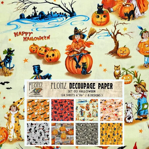 Decoupage - Paquete de papel (24 hojas de 6 x 6 pulgadas), patrón vintage de Halloween, FLONZ, papel de estilo vintage para decoupage, manualidades