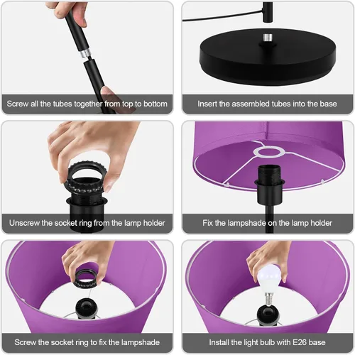 Miniatura 8 de AUQUEE Floor Lamp, Standing Lamp, Modern Stand Up Lamps with Purple Lampshade, 59" Tall, Foot Switch, Simple Living Room Decor for Kids Room, Girls
