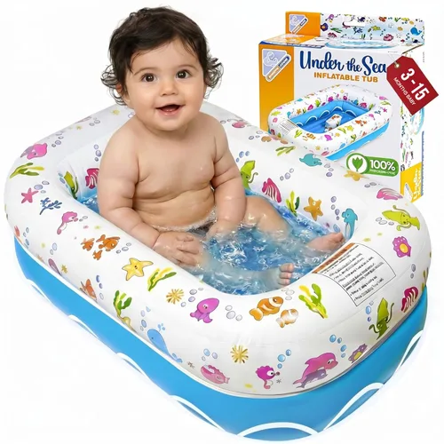 Mommy's Helper | Bañera inflable bajo el mar, bañera plegable y segura para bebé con asiento antideslizante de cuerno de sillín para niños, baño de