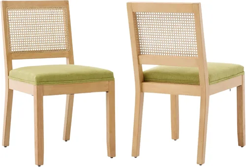 Miniatura 39 de Juego de 2 sillas de comedor de campo francés, sillas de comedor de madera de granja beige, silla de comedor con respaldo tejido con cojín tapizado