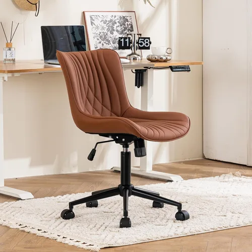Miniatura 5 de YOUTASTE Silla de oficina marrón café, moderna silla de escritorio sin brazos con ruedas, ajustable, giratoria, mecedora, sillas de estudio