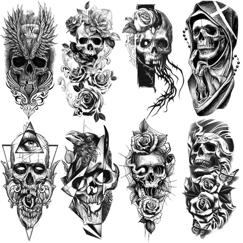 8 hojas de tatuajes temporales de calavera gótica para adultos, diseño de calavera alada, rosa, parca y ojo falso, arte corporal impermeable de