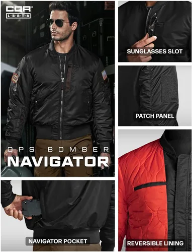 Miniatura 8 de CQR Chaqueta bomber casual para hombre, cortavientos con cremallera para exteriores de otoño/invierno, chaqueta de vuelo MA-1 acolchada resistente