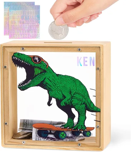Miniatura 12 de Alcancía para niños, banco de monedas de madera para niños y niñas, dinosaurio unicornio alcancía con calcomanías de bricolaje para cumpleaños