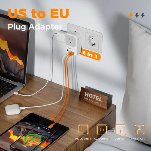 Miniatura 2 de Adaptador de enchufe de viaje europeo, adaptador de corriente TESSAN International con 4 tomas, 4 puertos USB (2 USB-C, 1 con PD 20W), adaptador