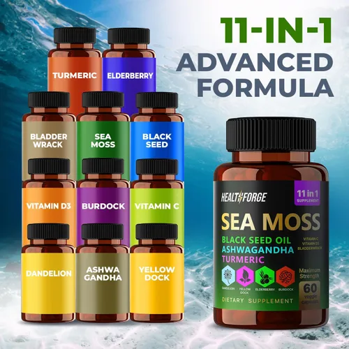Miniatura 9 de Cápsulas de musgo marino irlandés Organic Seamoss 3000 mg Cápsulas de aceite de semilla negra 2000 mg Ashwagandha Suplementos 1000 mg de cúrcuma