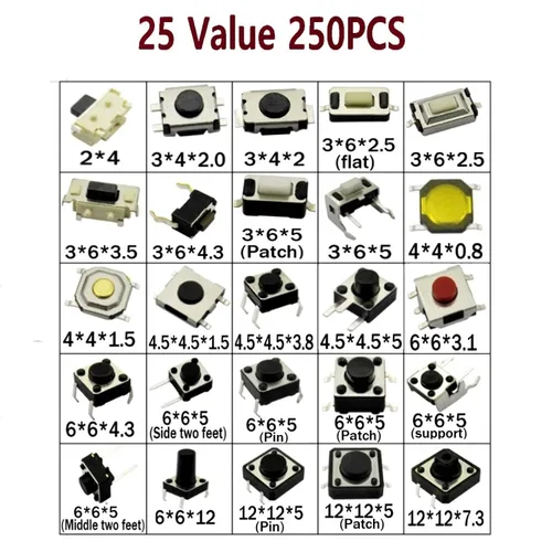 Miniatura 2 de 250pcs 25 valores Interruptor táctil de botón SMD Micro Momentary Tact Switch Surtido Kit