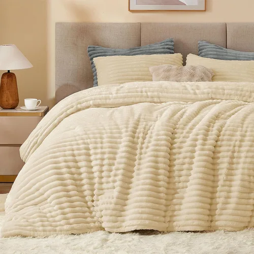 BEDELITE - Juego de edredón de forro polar tamaño individual: ropa de cama supersuave y cálida en color beige, juego de cama de lujo esponjoso y