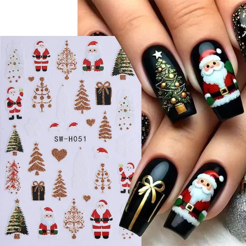 Miniatura 5 de Calcomanías de uñas de Navidad, calcomanías de uñas de invierno 3D, autoadhesivas, coloridas, cadena de luces, árbol de Navidad, reno, diseño