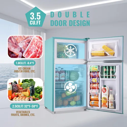 Miniatura 2 de WANAI Mini Refrigerador Compacto Pequeño con Congelador, Mini Refrigerador Retro con Doble Puerta, 7 Termostato Ajustable, Estantes Ajustables Para