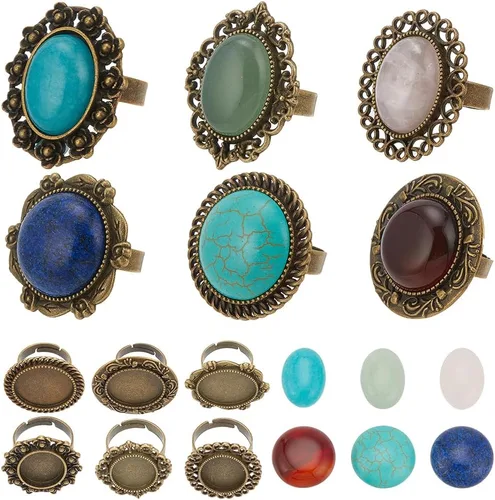 Miniatura 15 de SUNNYCLUE 16 piezas DIY 8 juegos de anillos bisel en blanco piedra natural cabujones estilo antiguo anillo de dedo ajustable componentes en blanco