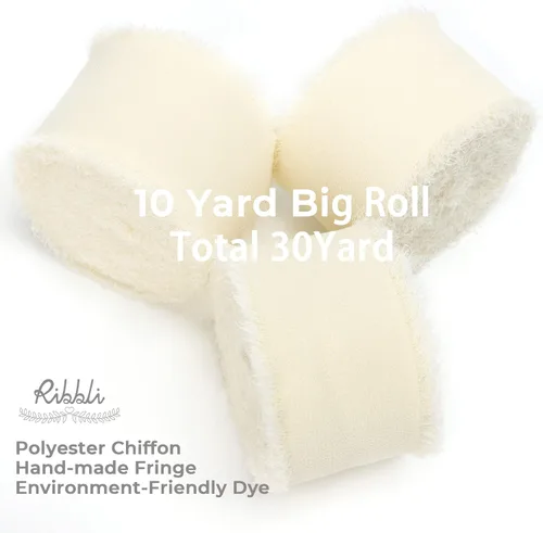 Miniatura 2 de Ribbli Cinta de gasa color marfil de 1-1/2 pulgadas x 30 yardas, hecha a mano con flecos, cinta de seda de gasa marfil, cinta crema