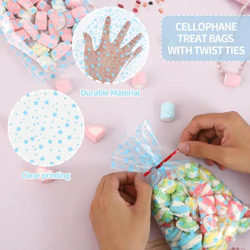 Miniatura 3 de 100 piezas de bolsas de celofán para regalos, 5 x 11 pulgadas, bolsas de celofán transparentes azules con estrellas, para envolver regalos