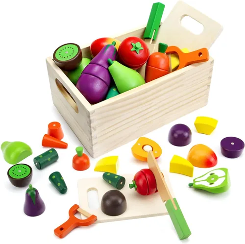 Conjuntos de Alimentos de Juguete de Madera para Cocina Infantil - Frutas y Vegetales Cortados Juguetes para Niños Pequeños Accesorios de Cocina de