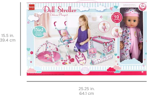 Miniatura 5 de Best Choice Products Juego de 15 piezas para niños de 13.5 pulgadas, muñeca recién nacida, juego de rol con cochecito, cuna de viaje, tapete