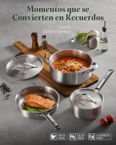 Miniatura 4 de Juego de utensilios de cocina de acero inoxidable, 8 piezas de ollas y sartenes de capa triple, libre de PFOA y PTFE, apto para lavavajillas