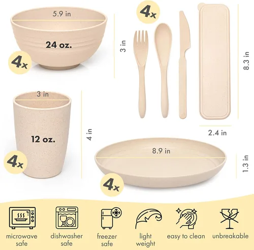 Miniatura 2 de FOODLE Juego de vajilla de paja de trigo, sin BPA y probado con seguridad, platos irrompibles, aptos para microondas y lavavajillas, para picnic