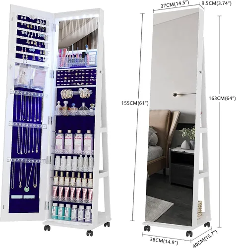 Miniatura 6 de OUTDOOR DOIT Organizador de joyas, armario de joyería, joyero de pie con espejo de cuerpo completo y armario de madera grande con cerradura