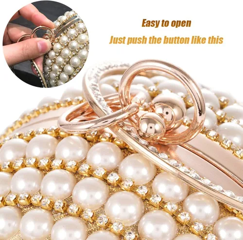 Miniatura 8 de Bolso redondo de la bola del embrague de la mujer deslumbrante completo Rhinestone borlas anillo de la manija del bolso de las perlas de la noche