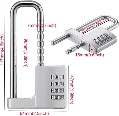 Miniatura 2 de Candado en forma de U de acero inoxidable, código de combinación, bloqueo de grillete largo ajustable para exteriores, escuela, gimnasio, taquillas