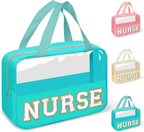 Miniatura 12 de izuzta Bolsas de maquillaje transparentes tipo tote con letras de chenilla, bolsa de maquillaje preppy con asa, Moda