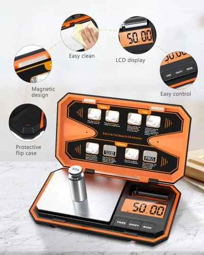 Miniatura 7 de ORIA Báscula digital de bolsillo, 17.64 oz/0.00 oz de alta precisión de gramos con peso de calibración de 1.76 oz, función de tara, 6 unidades, mini