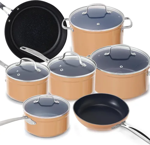 Nuwave - Juego de 12 utensilios de cocina forjados y ligeros, revestimiento ultra antiadherente de cerámica Duralon G10 saludable, tapas de vidrio