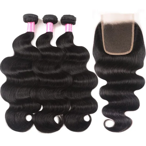 Miniatura 2 de Paquetes de Ondas Corporales con Cierre para Mujeres Negras (10 12 14+10) 100% Cabello Humano Brasileño de Ondas Corporales Sin Procesar 3 Paquetes