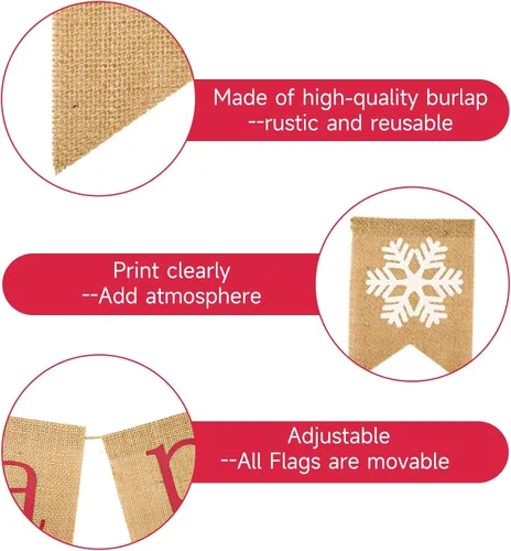 Miniatura 3 de GCQQ Bandera de Feliz Día Festivo - Banderas de Navidad de Burlap Pre-hiladas, Bandera Roja de Feliz Día Festivo para Interior con Copo de Nieve