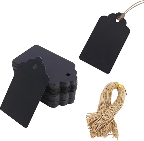 SallyFashion 100 etiquetas de regalo con cuerda adjunta, 1.5 x 2.8 pulgadas, etiquetas de regalo negras de papel negro para ropa, manualidades,