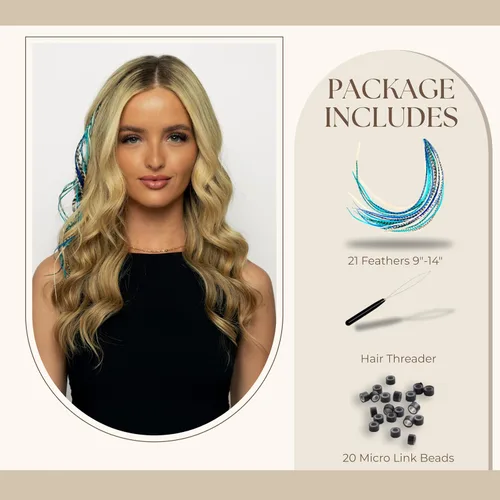 Miniatura 2 de 21 extensiones de cabello de color azul, kit de gallo de 9 a 14 pulgadas de largo, con 20 cuentas de microenlace, plumas 100% reales, estilo bohemio