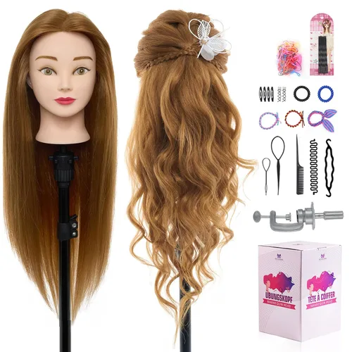Cabeza de Maniquí de 28" de Cabello Humano - Cabeza de Maniquí de 80% Cabello Real, Cabeza de Muñeca Maniquí de Cosmetología para Peinado, Cabeza de