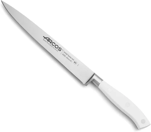 Miniatura 47 de Arcos Cuchillo forjado dentado de acero inoxidable de nitrum de 5 pulgadas y hoja de 5.118 in. Mango ergonómico POM de polioximetileno. Serie Blanco