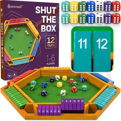 Miniatura 10 de Shut The Box Game Tablero de madera para 4 jugadores, juego de 14 pulgadas, 12 números para adultos y niños, ideal para noche